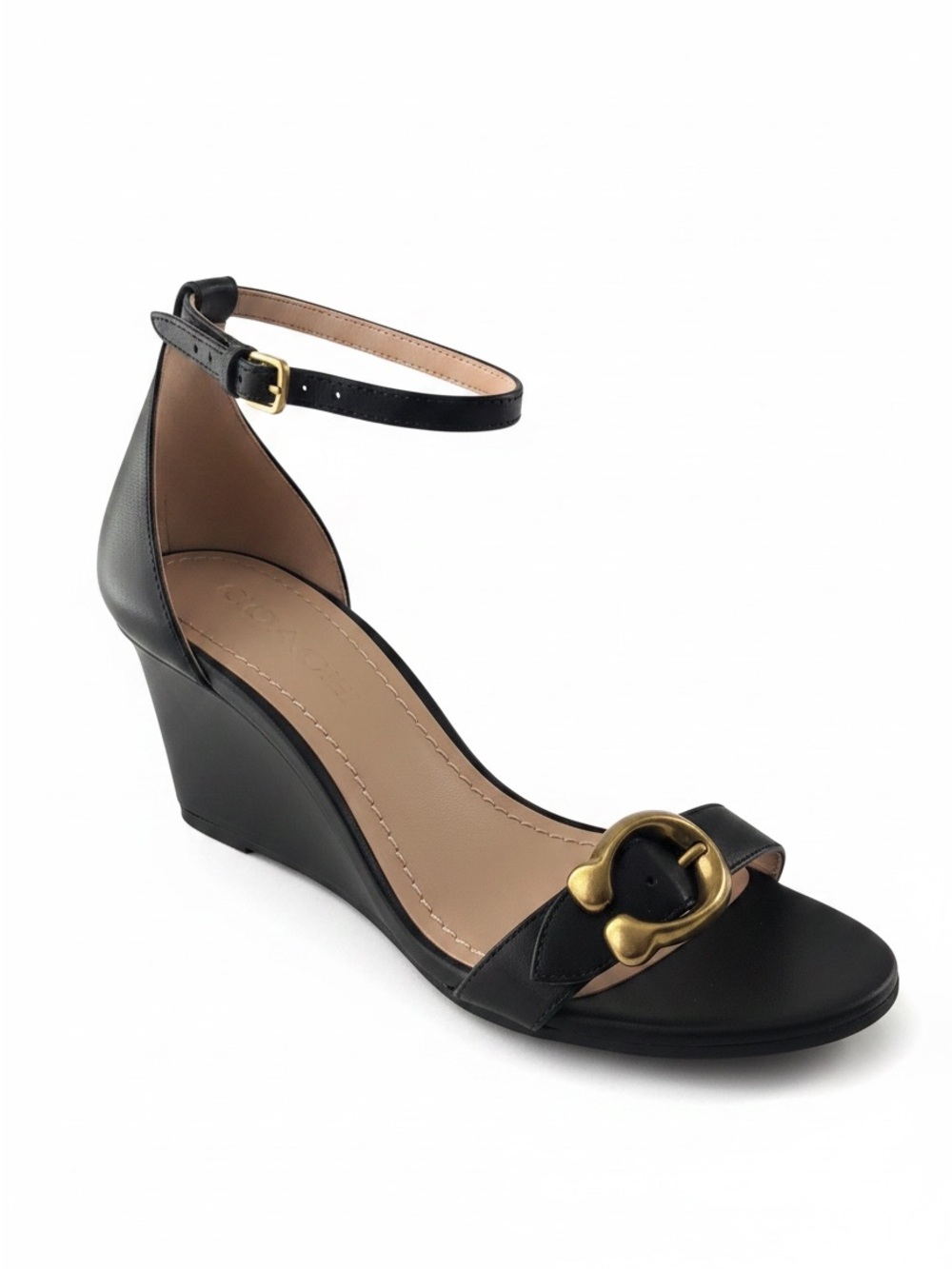 Coach Black Leather Ankle-Strap Wedge with Gold Buckle Sz 8